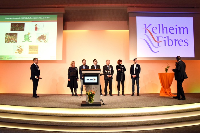 The awards ceremony (from left to right): Walter Roggenstein (R&D manager, Kelheim Fibres), the finalists the Deinböck family, Dr Jörg Dörrstein, Dr Albert Solleder, Christina Pop (representing Dr Pettrak), Sebastian Kehrer and Matthew North (Commercial Director, Kelheim Fibres). © Barbara Rötzer